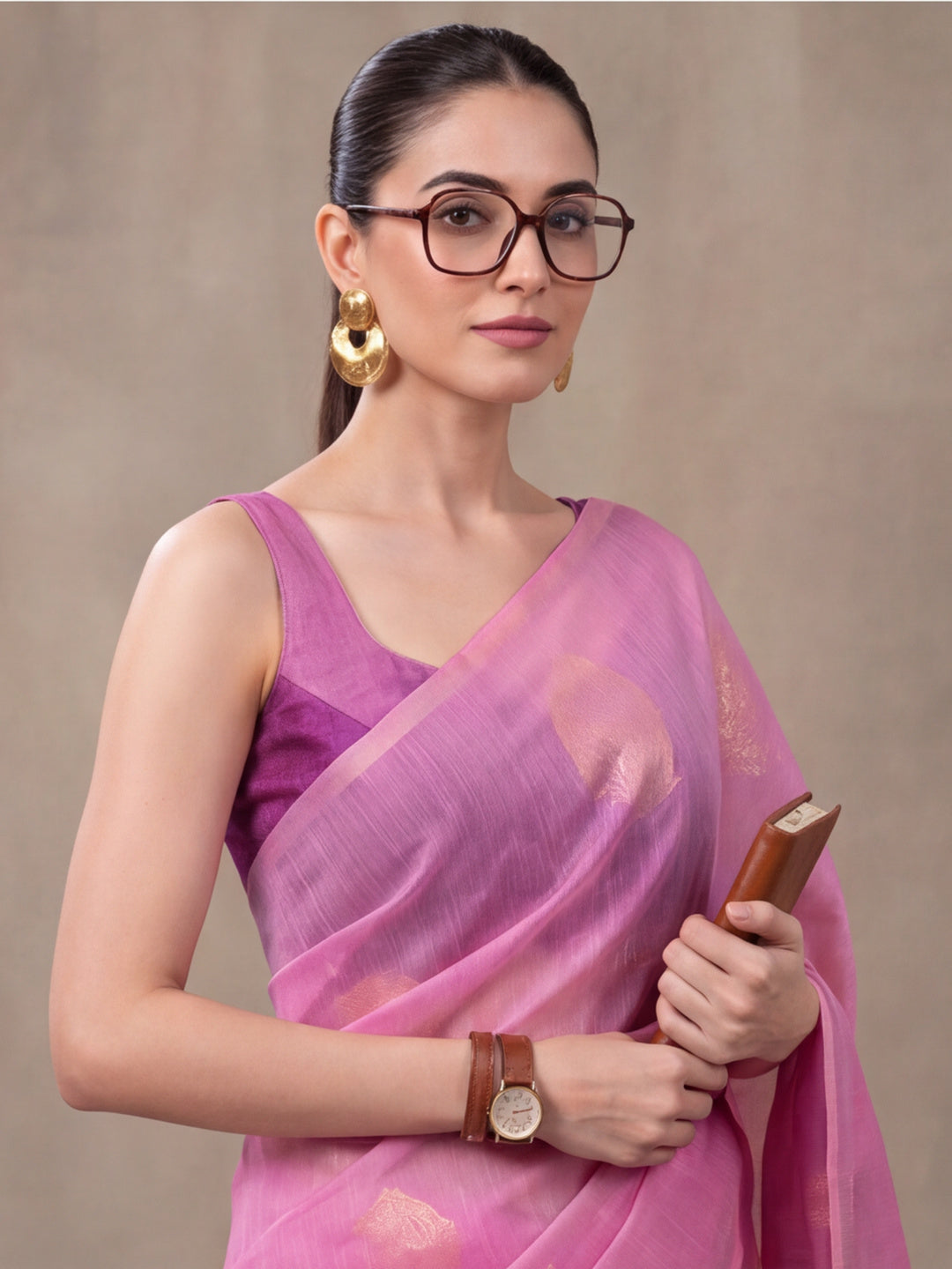 Women Pink Woven Saree with Zari Motifs and Contrast Jacquard Pallu