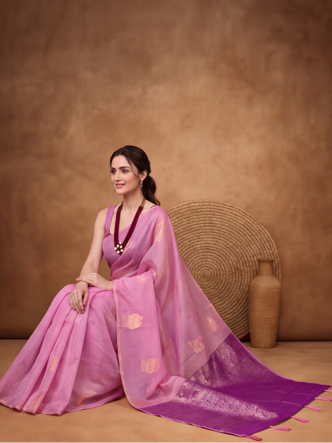Women Pink Woven Saree with Zari Motifs and Contrast Jacquard Pallu