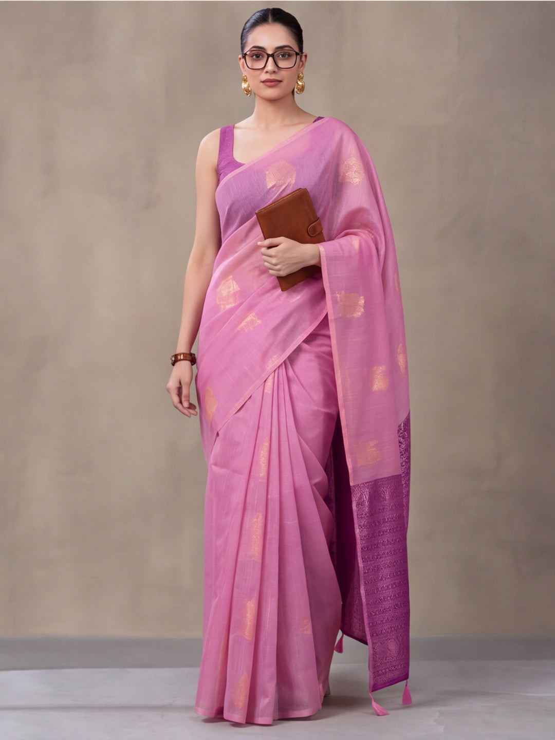 Women Pink Woven Saree with Zari Motifs and Contrast Jacquard Pallu