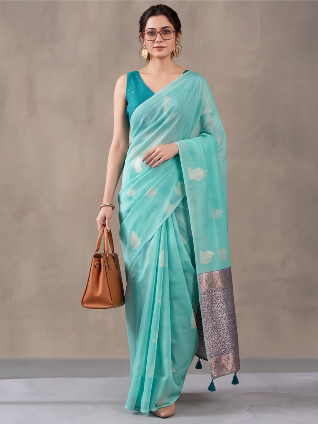 Women Sea Green Woven Saree with Zari Motifs and Contrast Jacquard Pallu