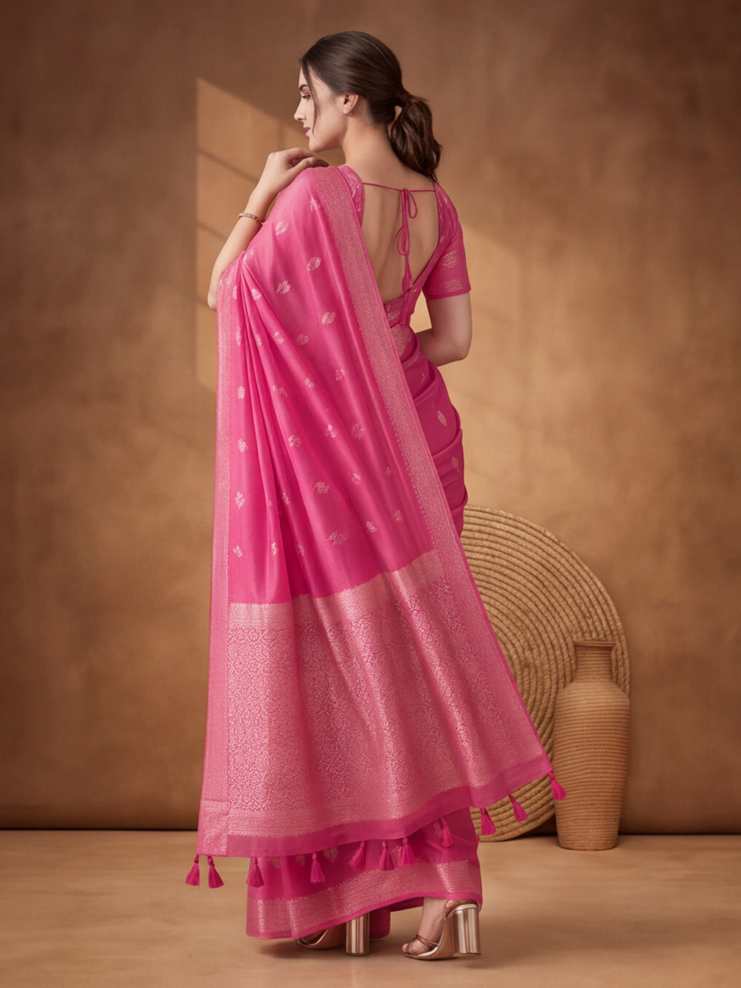 Women Fuchsia Pink Woven Saree with Zari Butti Work and Rich Tassel Pallu