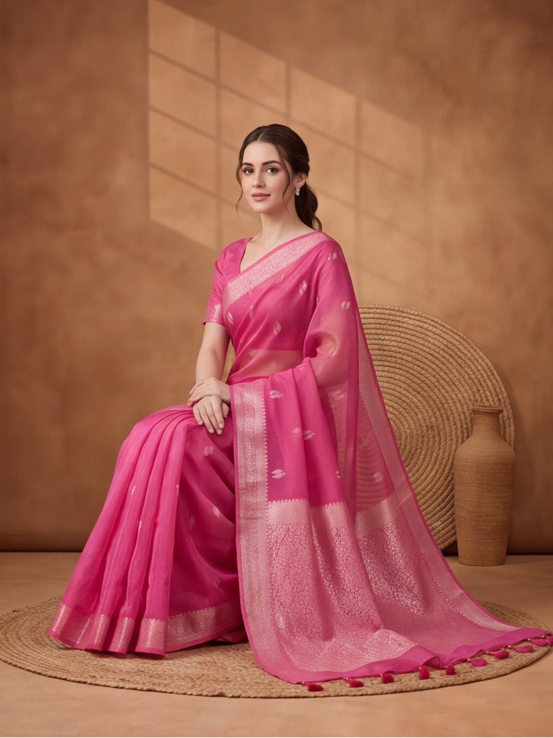 Women Fuchsia Pink Woven Saree with Zari Butti Work and Rich Tassel Pallu
