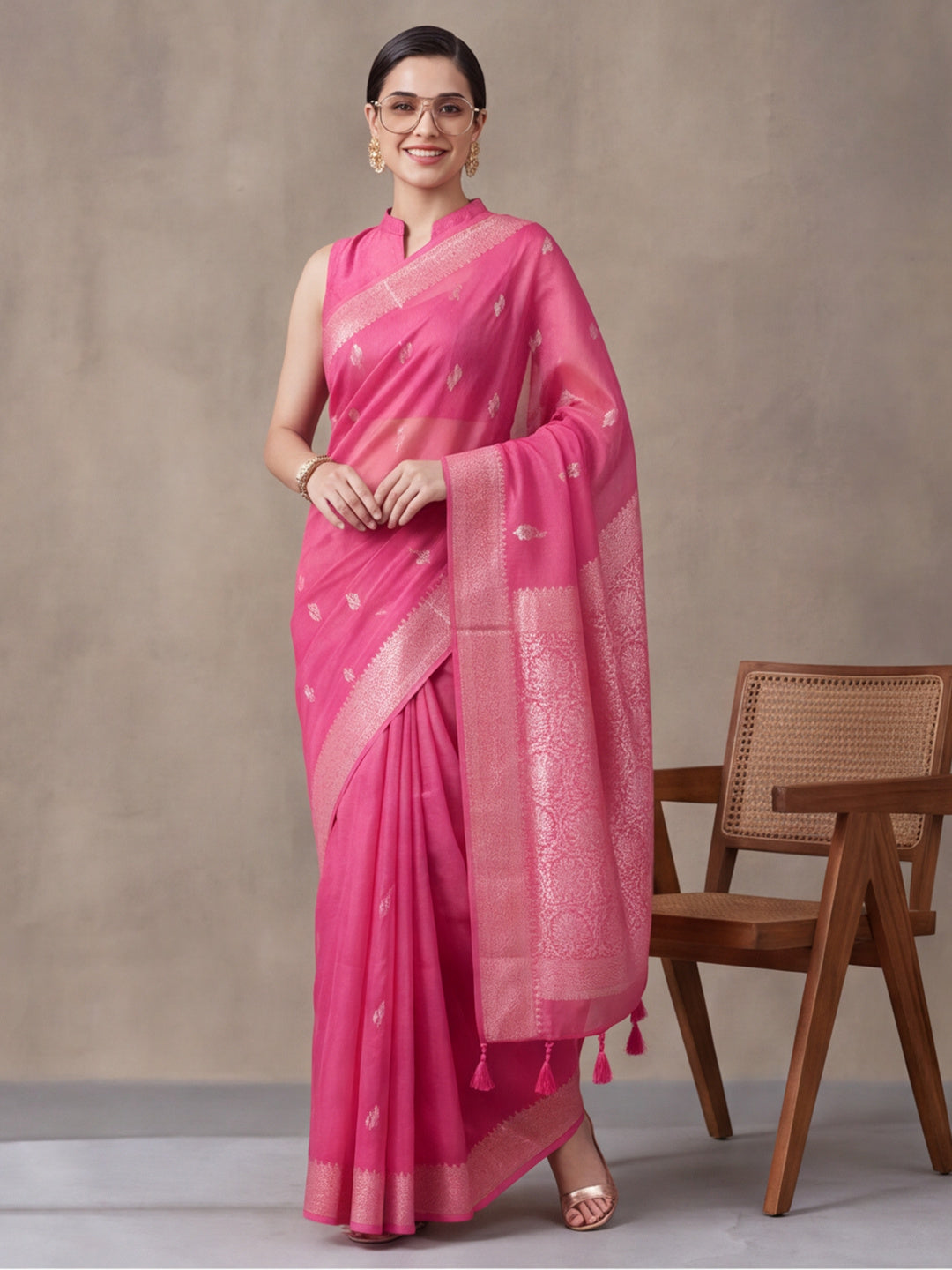 Women Fuchsia Pink Woven Saree with Zari Butti Work and Rich Tassel Pallu