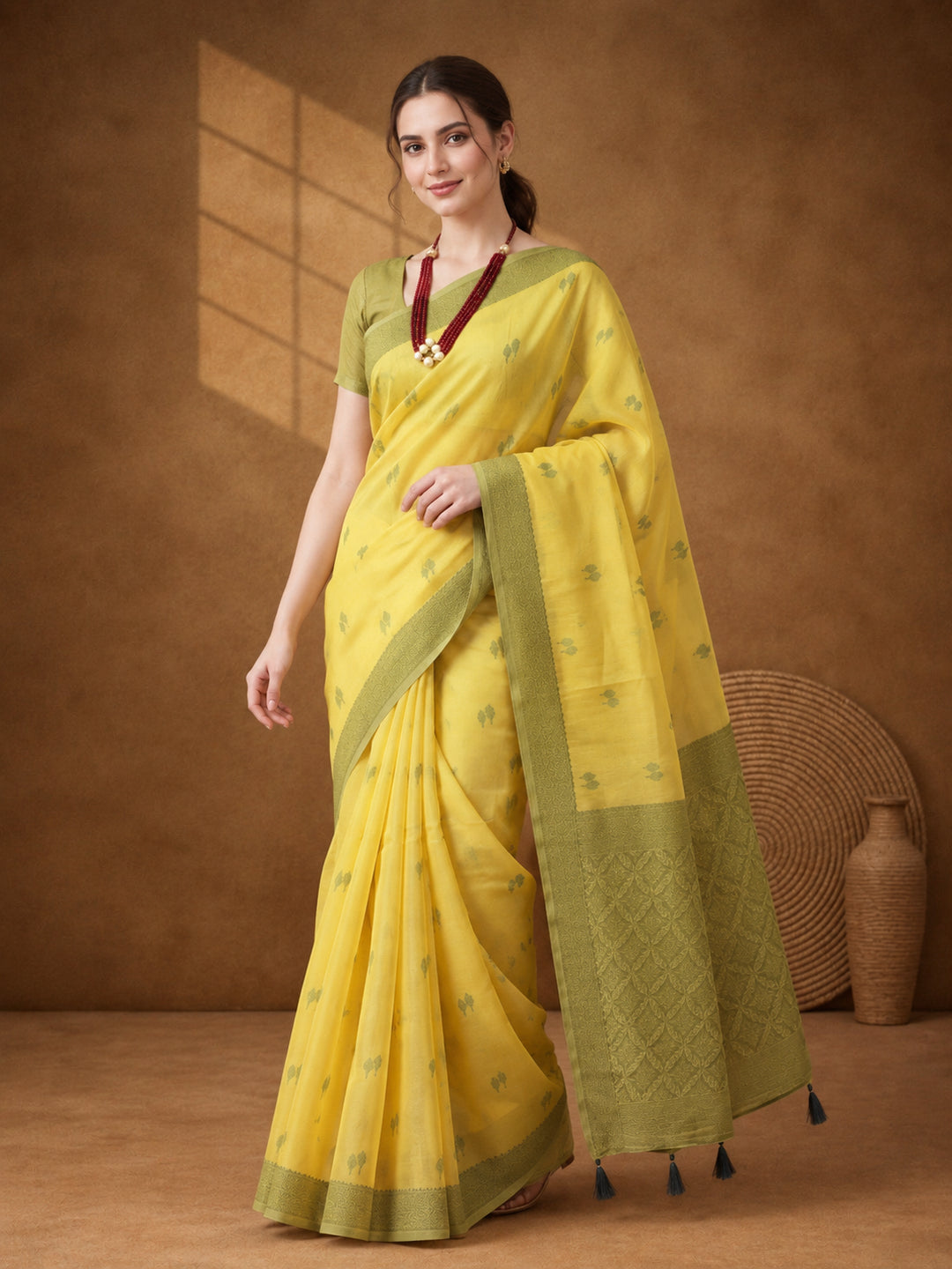 Women Lime Yellow Woven Saree with Zari Butti Work and Rich Tassel Pallu