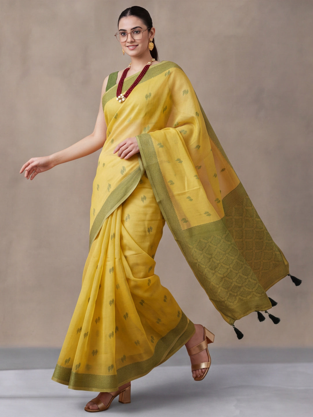Women Lime Yellow Woven Saree with Zari Butti Work and Rich Tassel Pallu