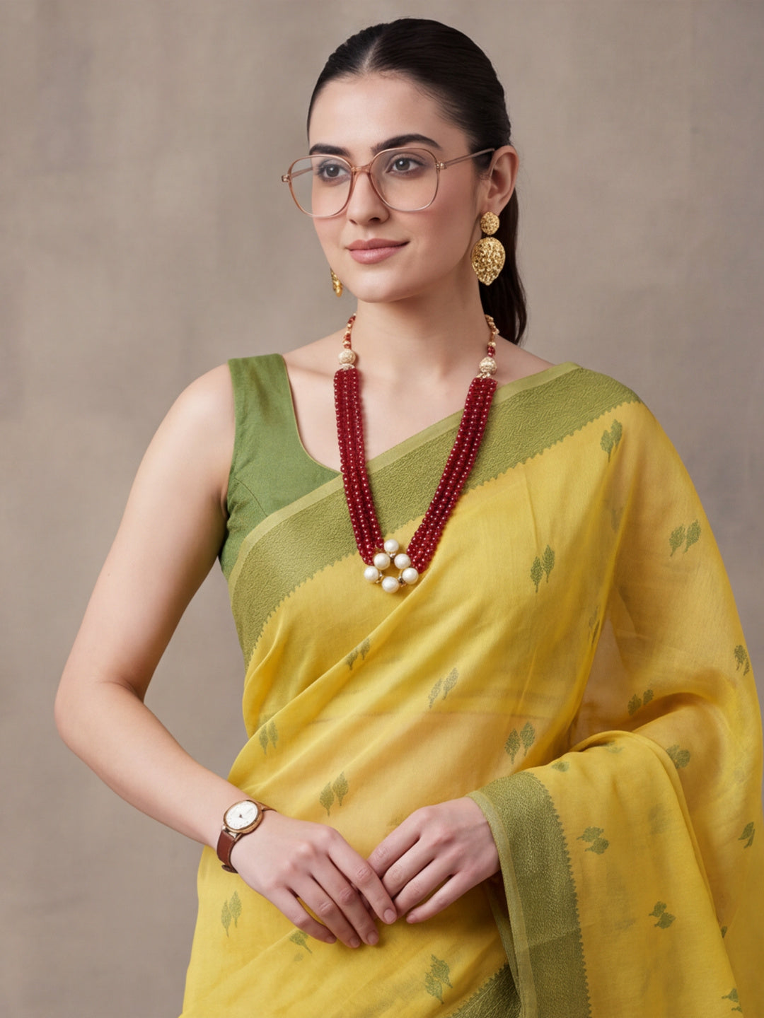 Women Lime Yellow Woven Saree with Zari Butti Work and Rich Tassel Pallu