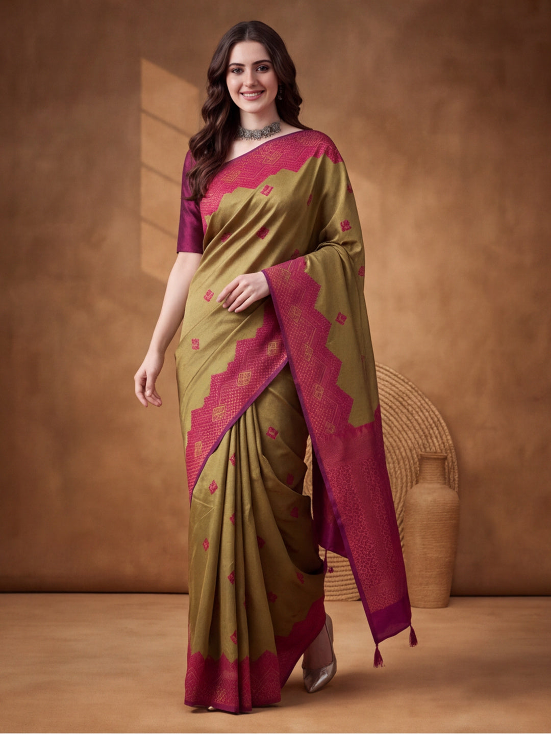 Women Beige Banarasi Jacquard Saree with Zari Woven Border and Rich Pallu