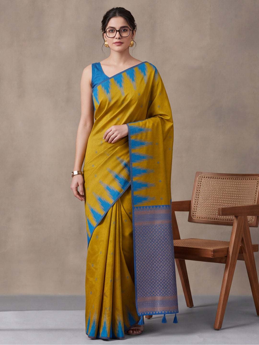 Women Mustard Yellow Banarasi Jacquard Saree with Blue Zari Woven Border and Tassel Pallu