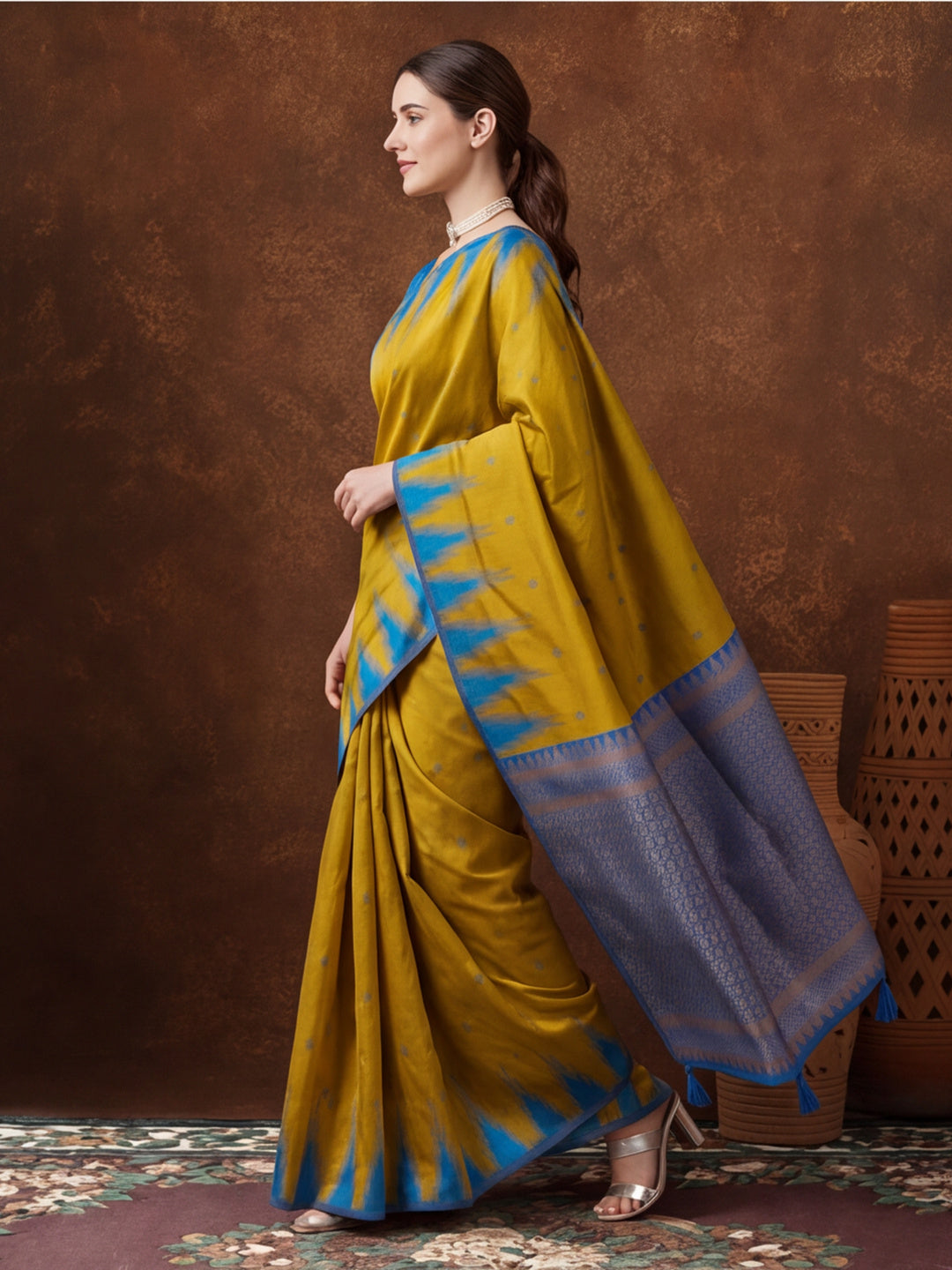 Women Mustard Yellow Banarasi Jacquard Saree with Blue Zari Woven Border and Tassel Pallu