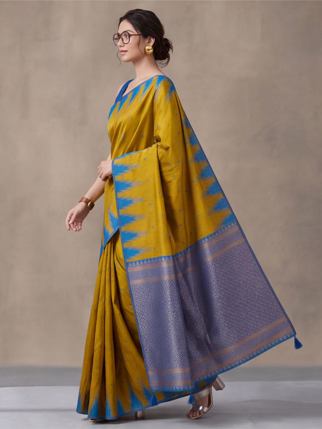 Women Mustard Yellow Banarasi Jacquard Saree with Blue Zari Woven Border and Tassel Pallu