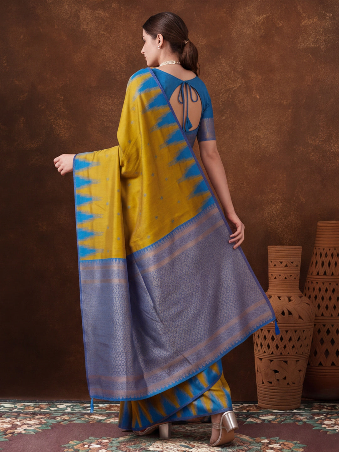 Women Mustard Yellow Banarasi Jacquard Saree with Blue Zari Woven Border and Tassel Pallu