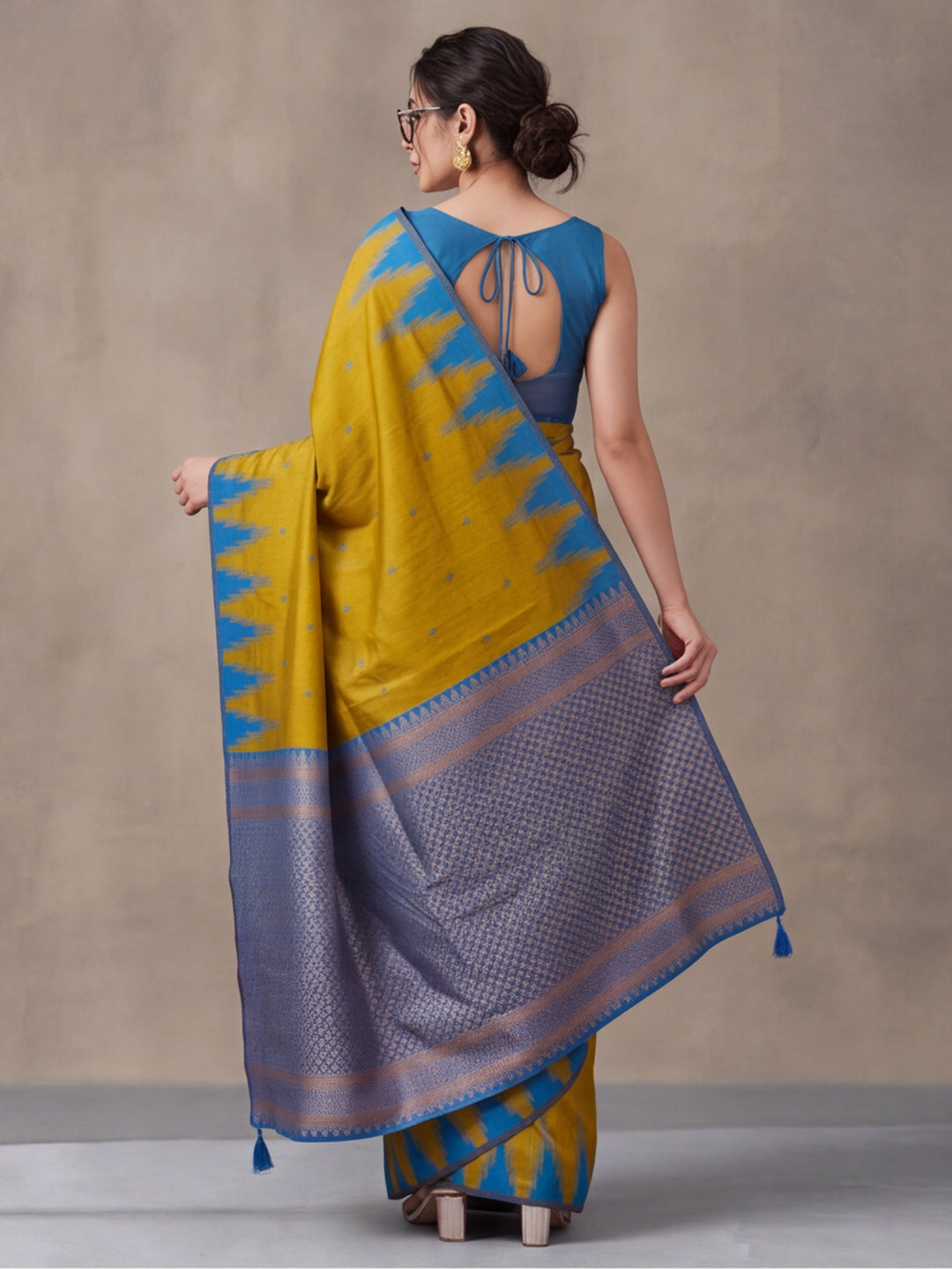 Women Mustard Yellow Banarasi Jacquard Saree with Blue Zari Woven Border and Tassel Pallu