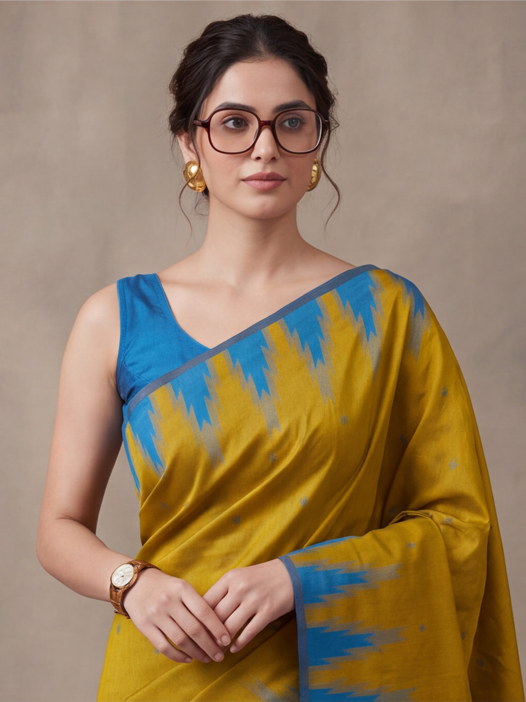 Women Mustard Yellow Banarasi Jacquard Saree with Blue Zari Woven Border and Tassel Pallu