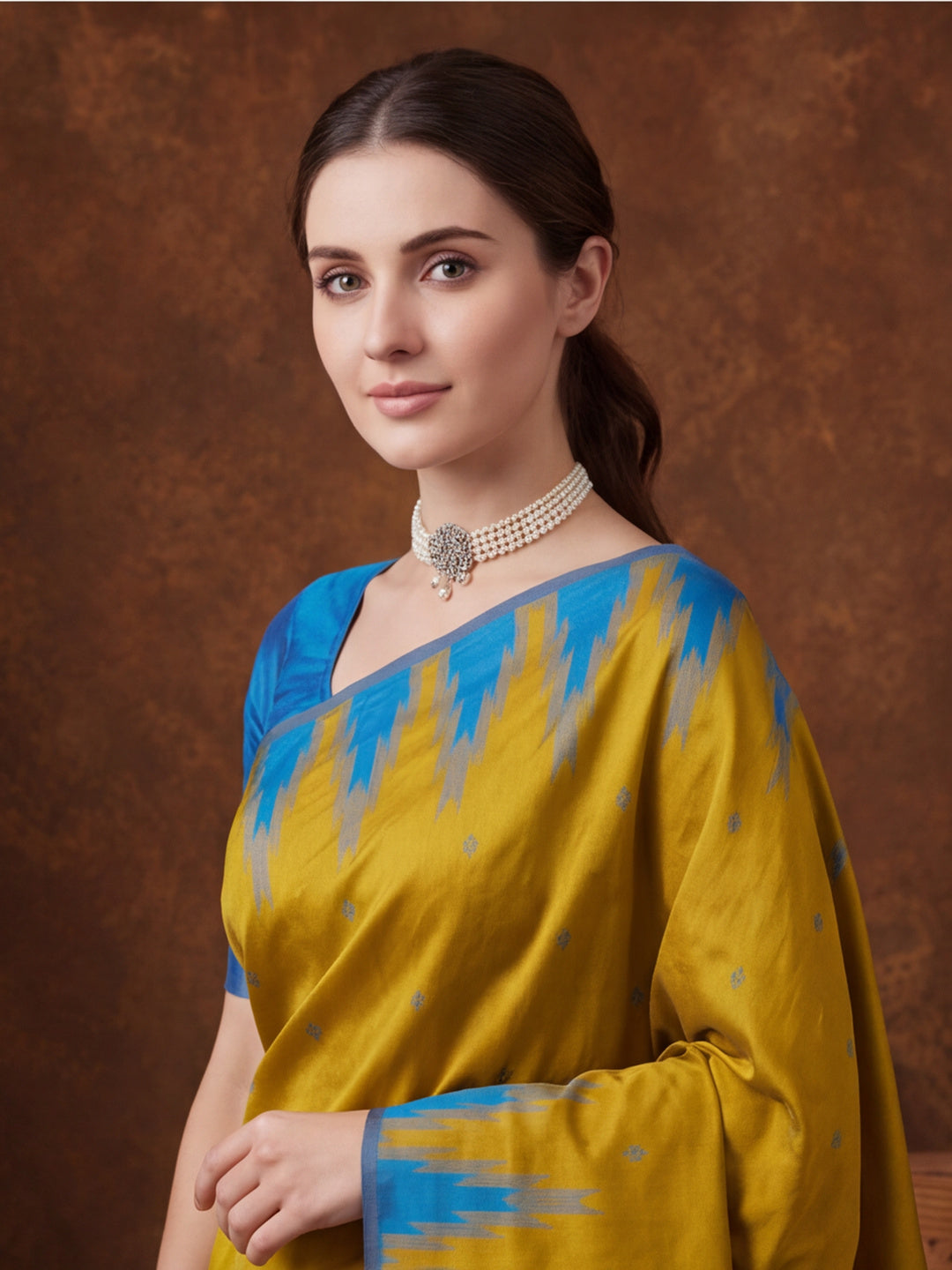 Women Mustard Yellow Banarasi Jacquard Saree with Blue Zari Woven Border and Tassel Pallu