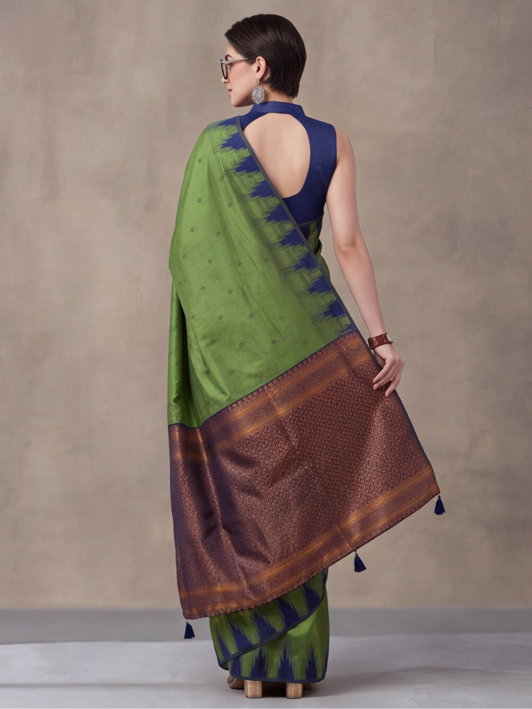 Women Green Yellow Banarasi Jacquard Saree with Navy Zari Woven Border and Tassel Pallu