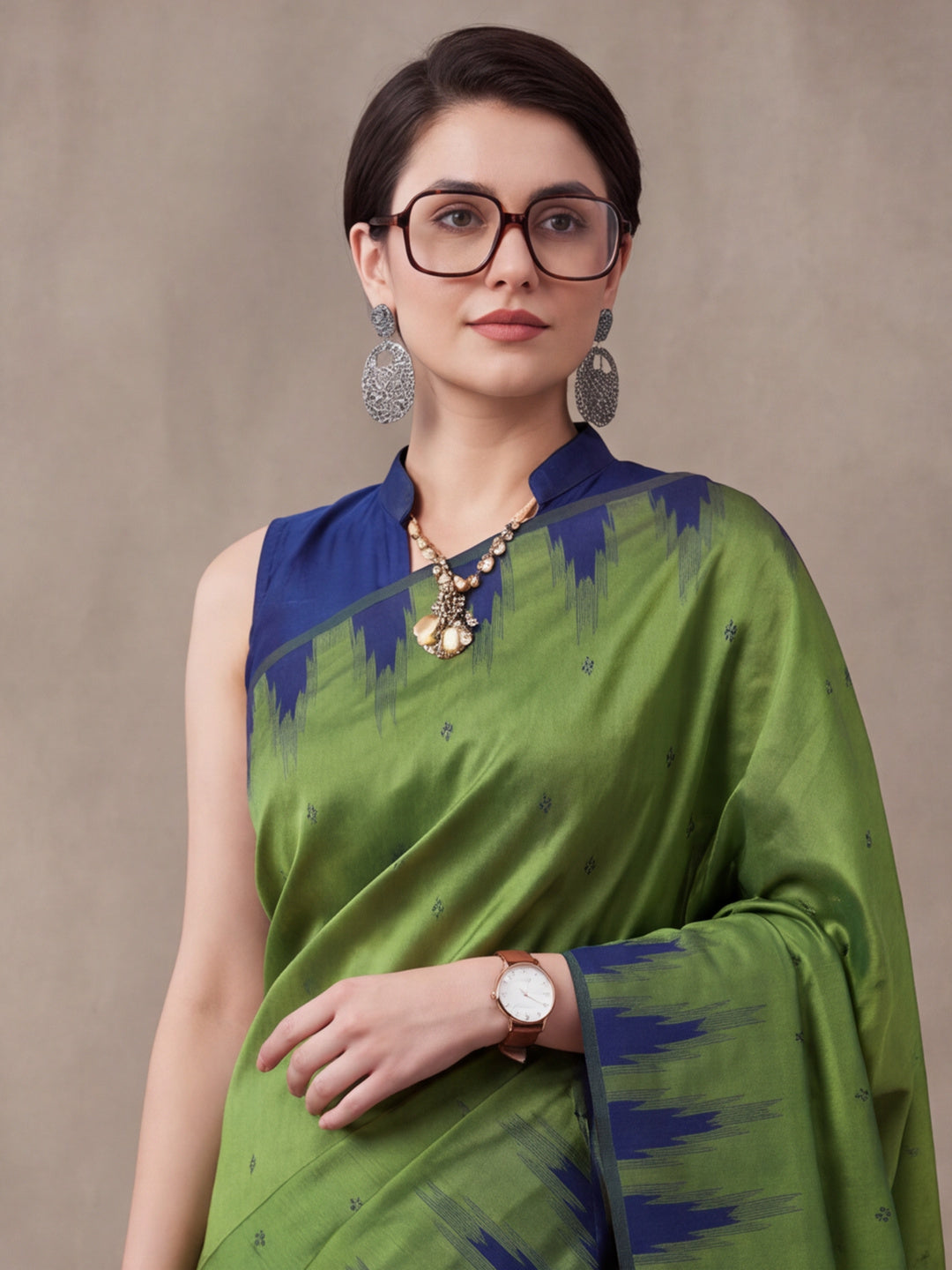 Women Green Yellow Banarasi Jacquard Saree with Navy Zari Woven Border and Tassel Pallu