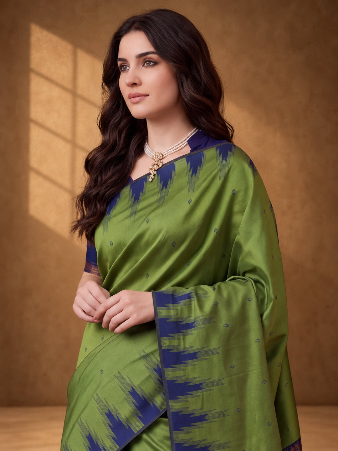 Women Green Yellow Banarasi Jacquard Saree with Navy Zari Woven Border and Tassel Pallu