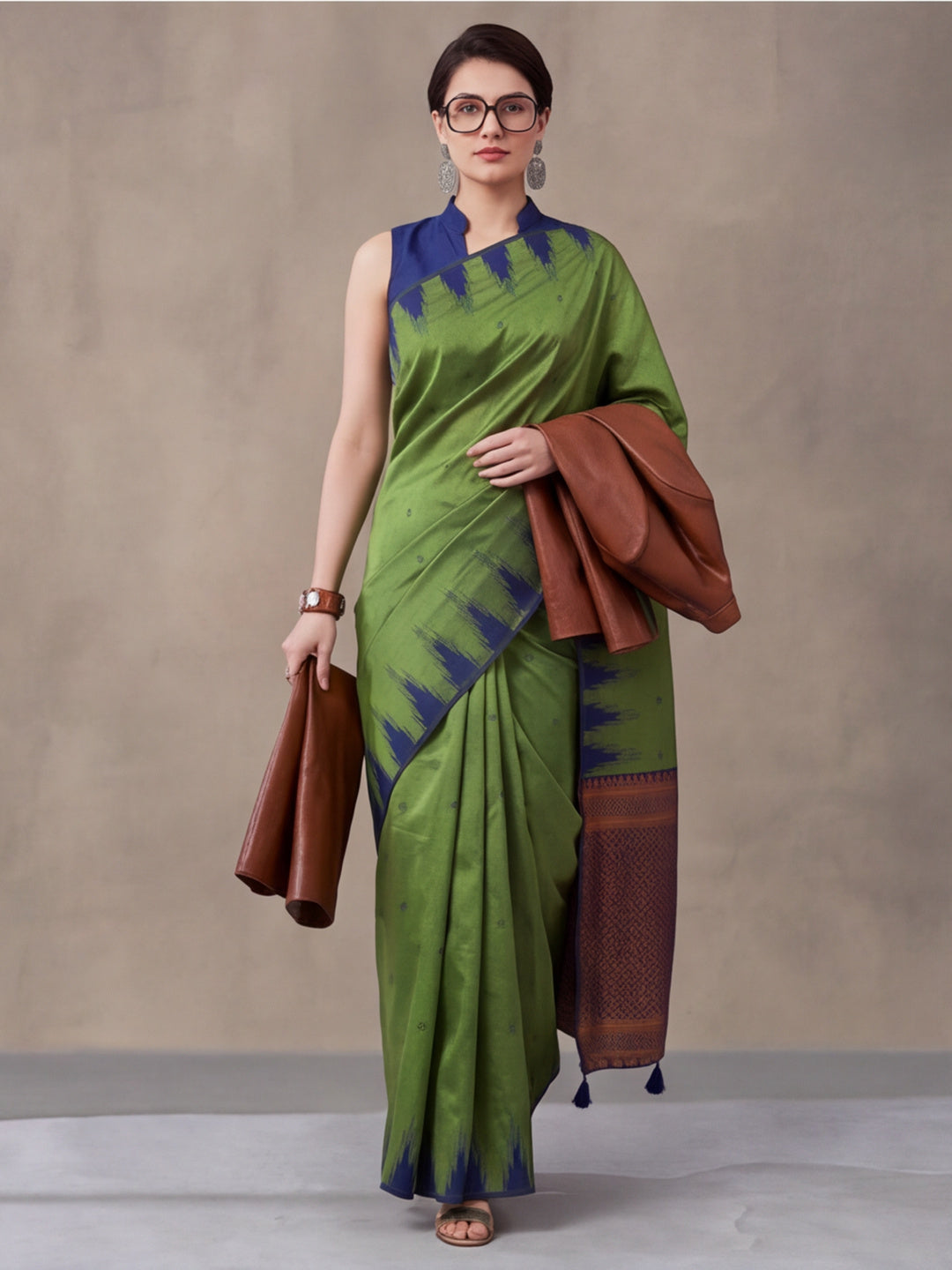 Women Green Yellow Banarasi Jacquard Saree with Navy Zari Woven Border and Tassel Pallu