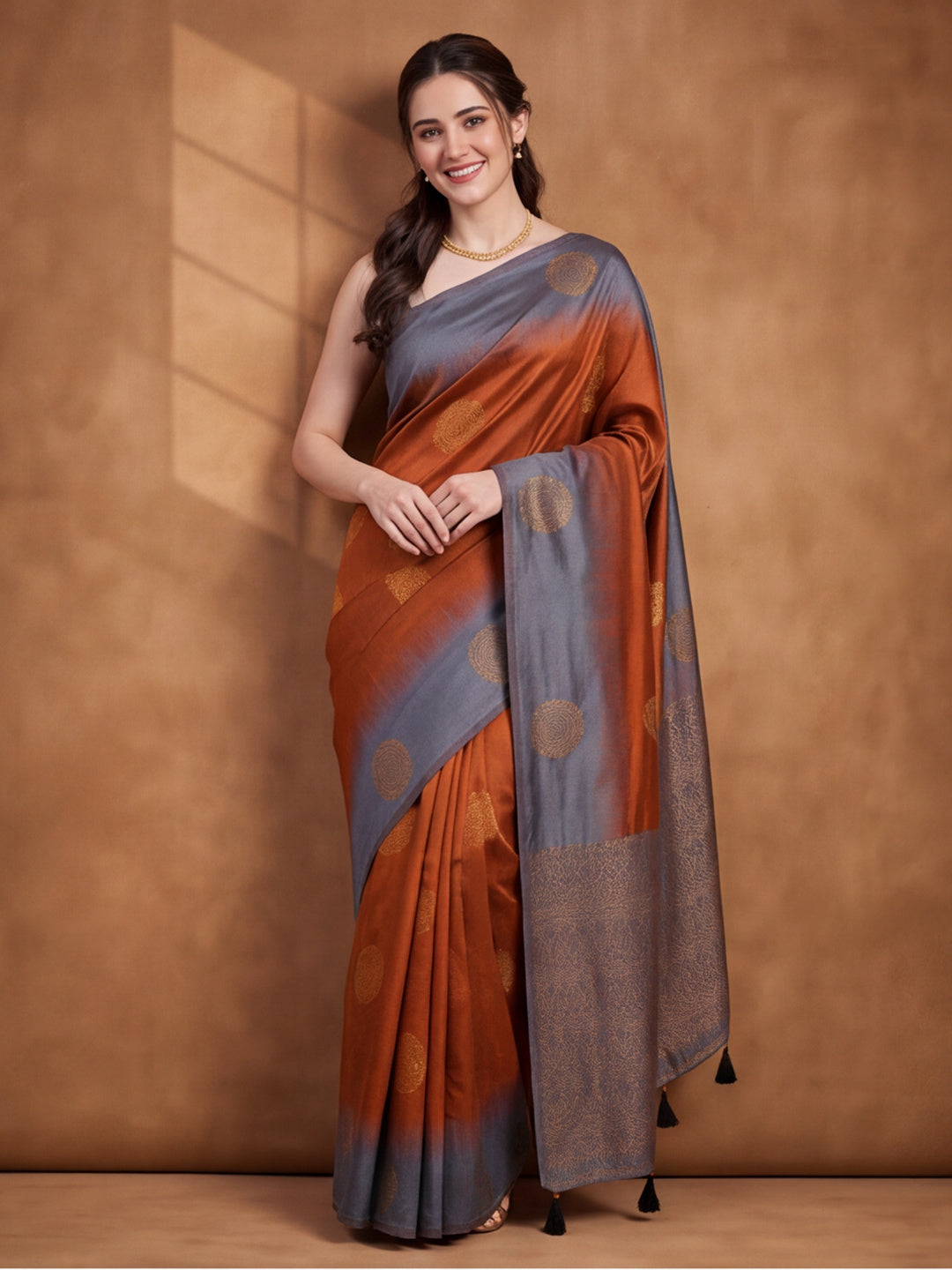 Women Rust Banarasi Jacquard Saree with Grey Zari Woven Border and Tassel Pallu