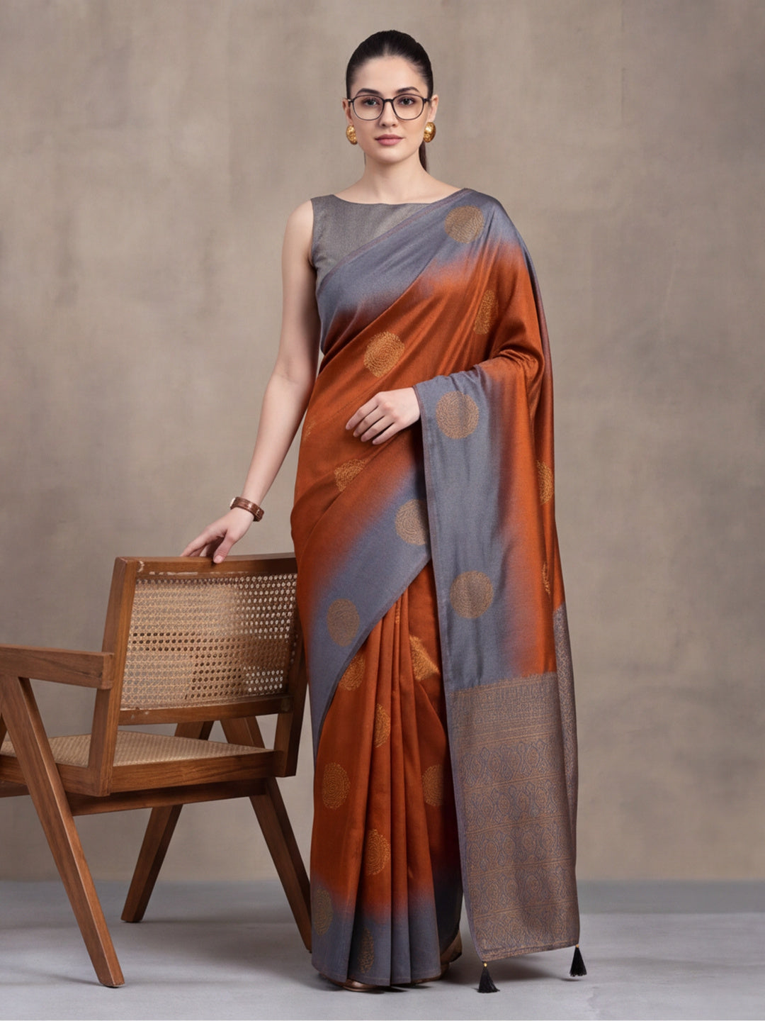 Women Rust Banarasi Jacquard Saree with Grey Zari Woven Border and Tassel Pallu