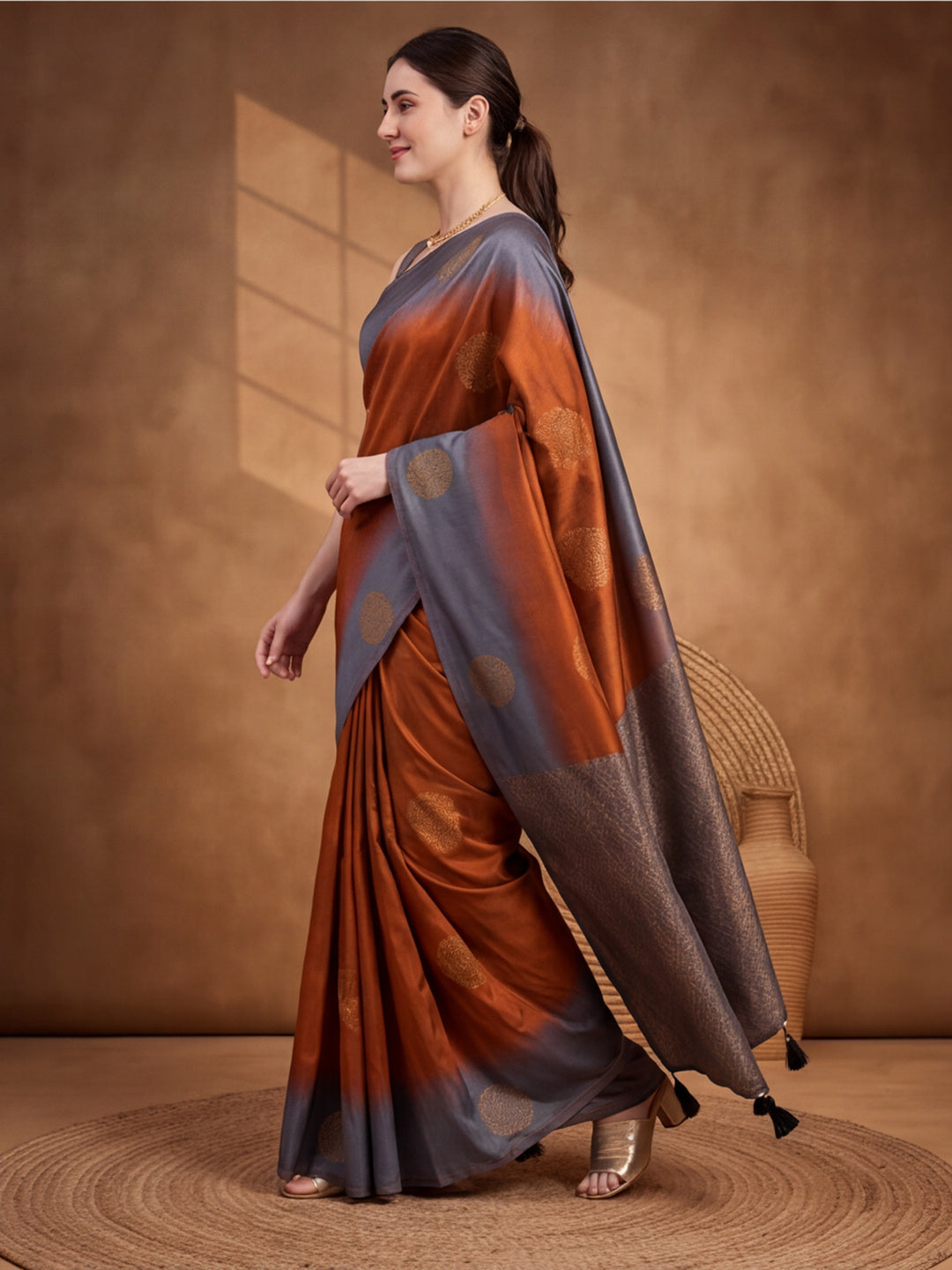 Women Rust Banarasi Jacquard Saree with Grey Zari Woven Border and Tassel Pallu