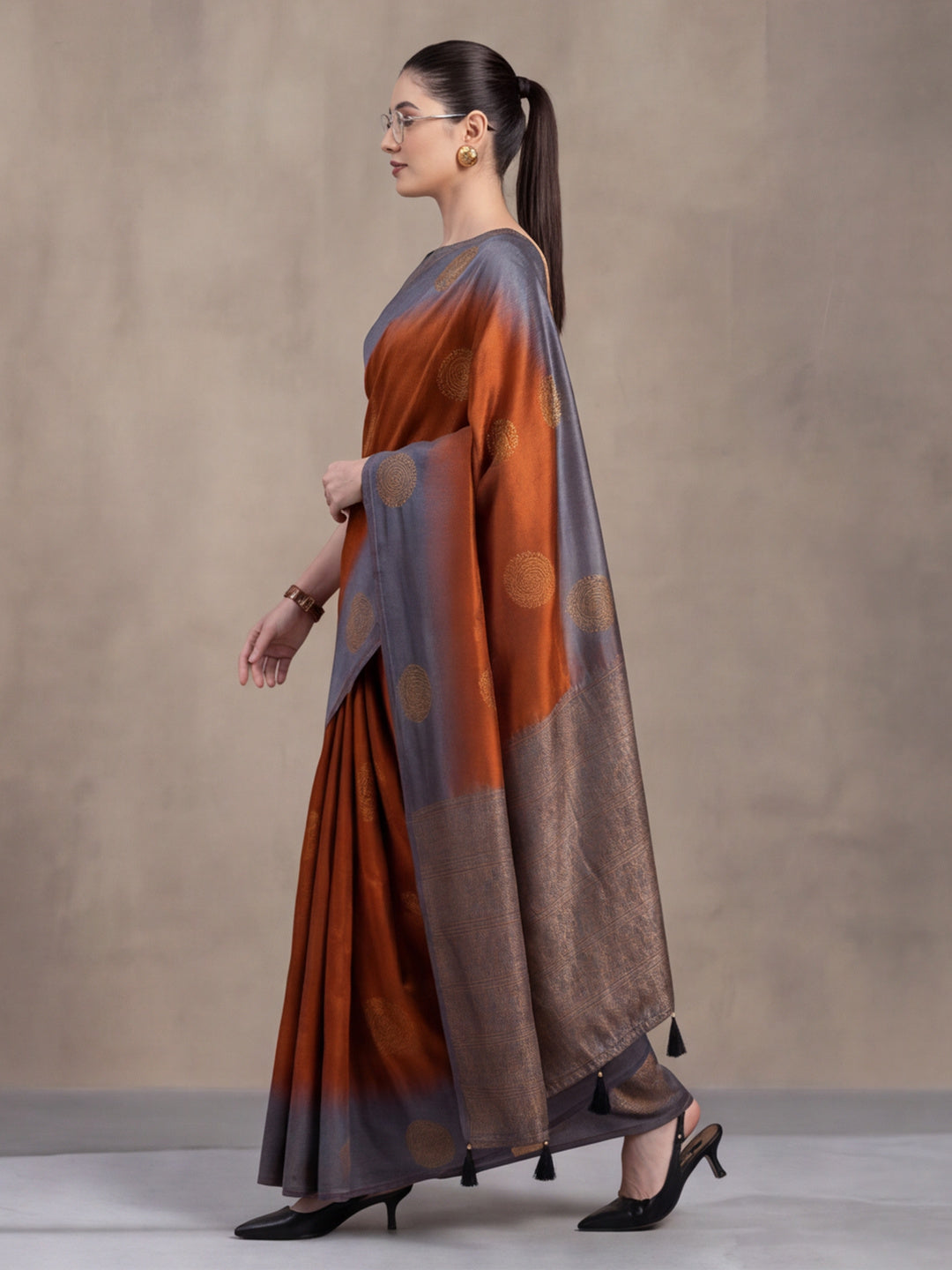 Women Rust Banarasi Jacquard Saree with Grey Zari Woven Border and Tassel Pallu