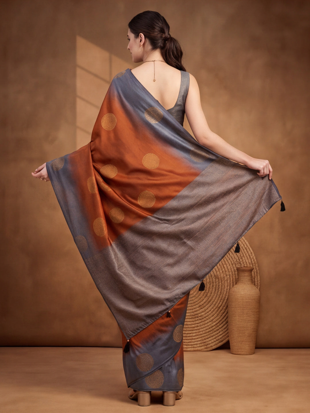 Women Rust Banarasi Jacquard Saree with Grey Zari Woven Border and Tassel Pallu