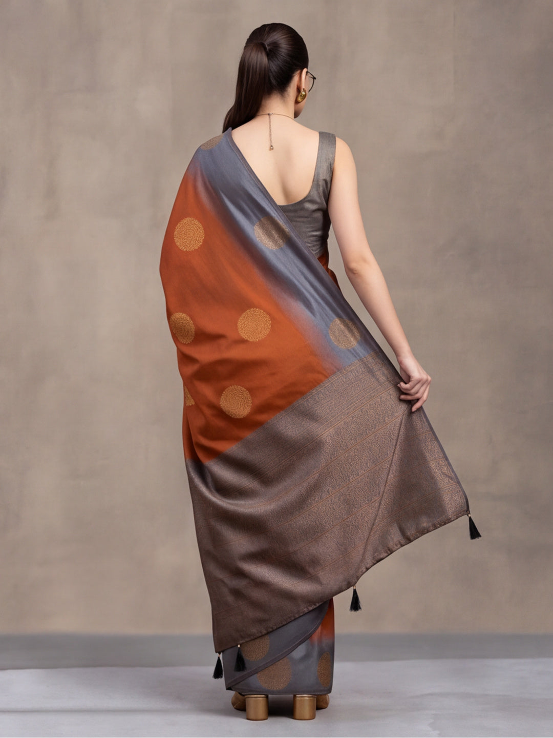 Women Rust Banarasi Jacquard Saree with Grey Zari Woven Border and Tassel Pallu