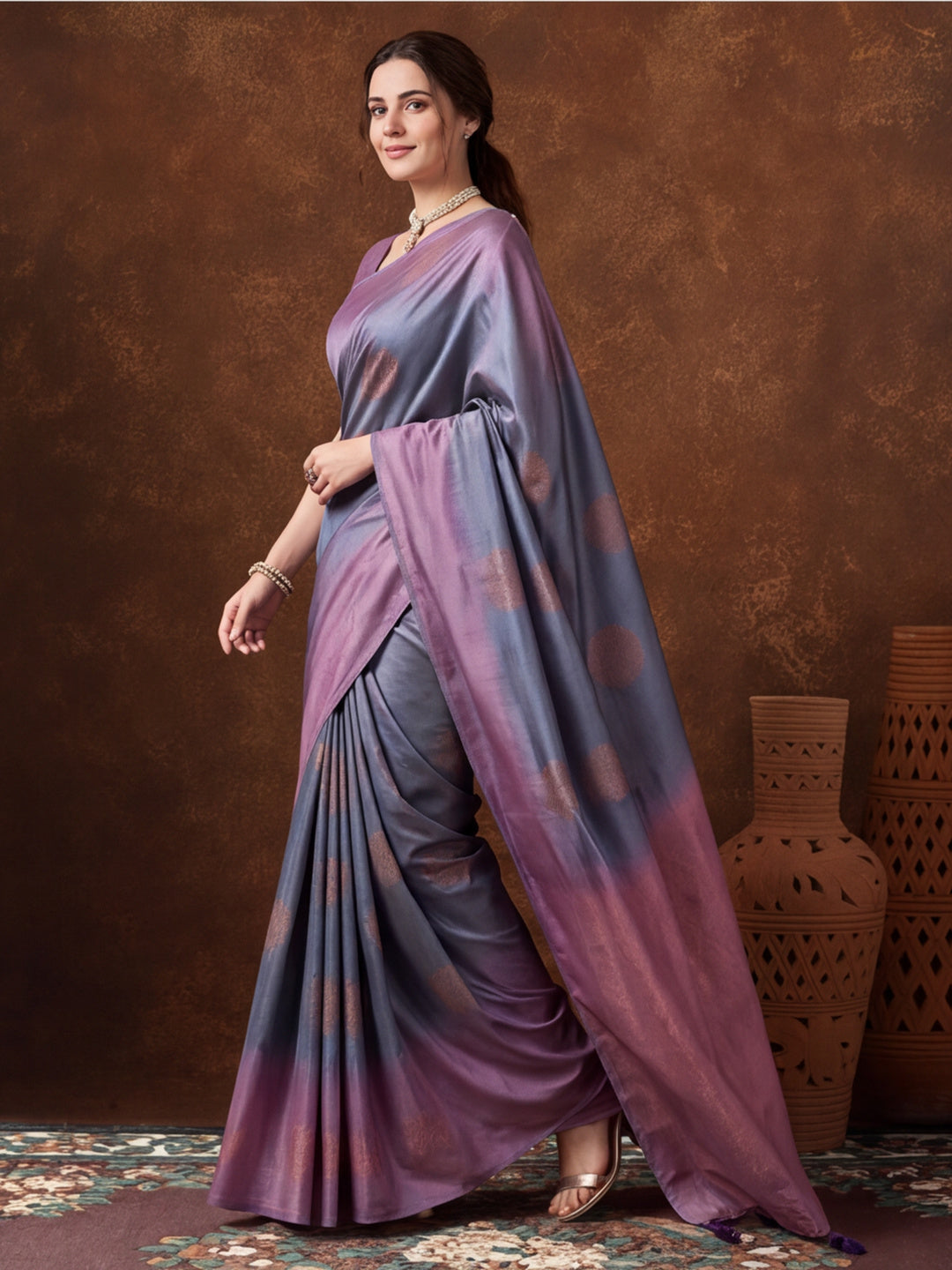 Women Grey Banarasi Jacquard Saree with Lavender Zari Woven Border and Tassel Pallu