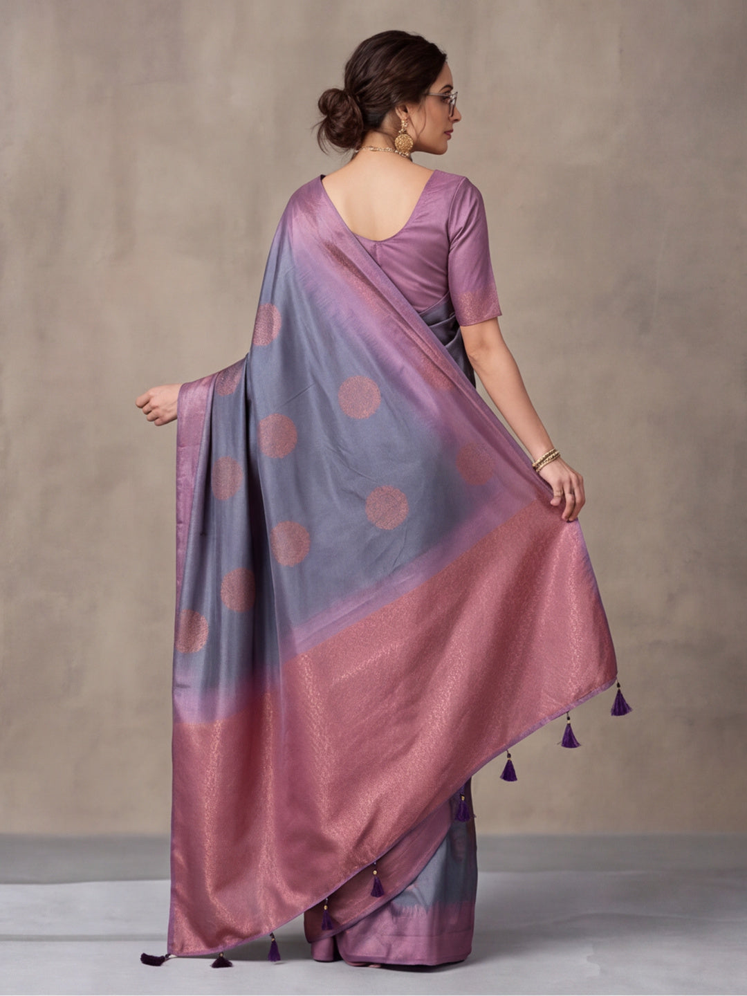 Women Grey Banarasi Jacquard Saree with Lavender Zari Woven Border and Tassel Pallu