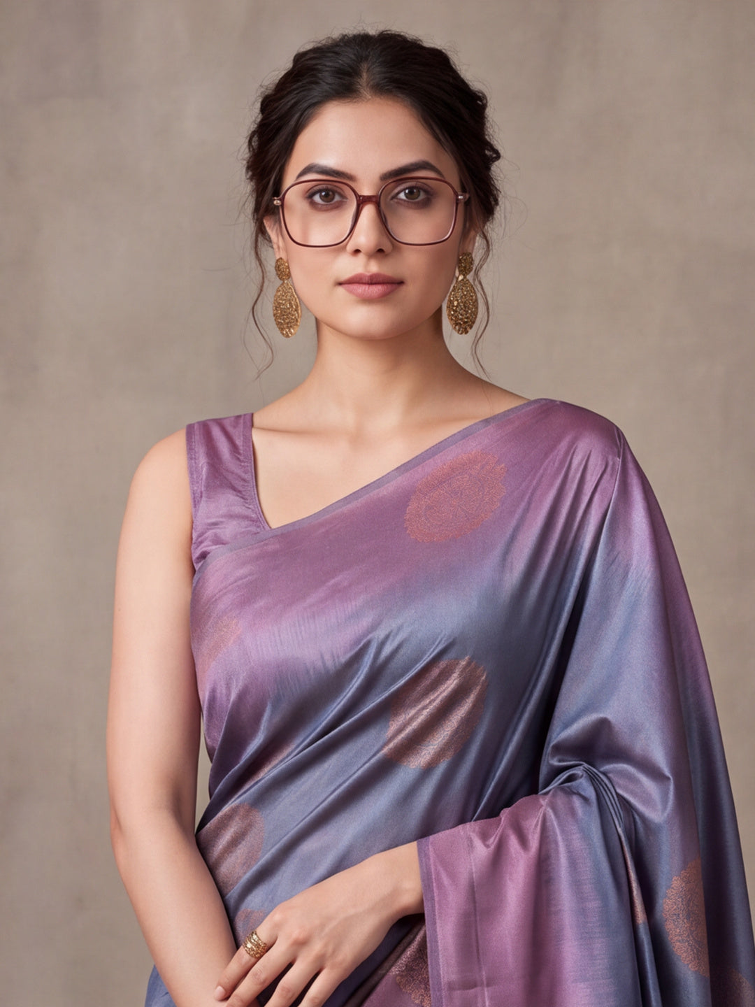 Women Grey Banarasi Jacquard Saree with Lavender Zari Woven Border and Tassel Pallu