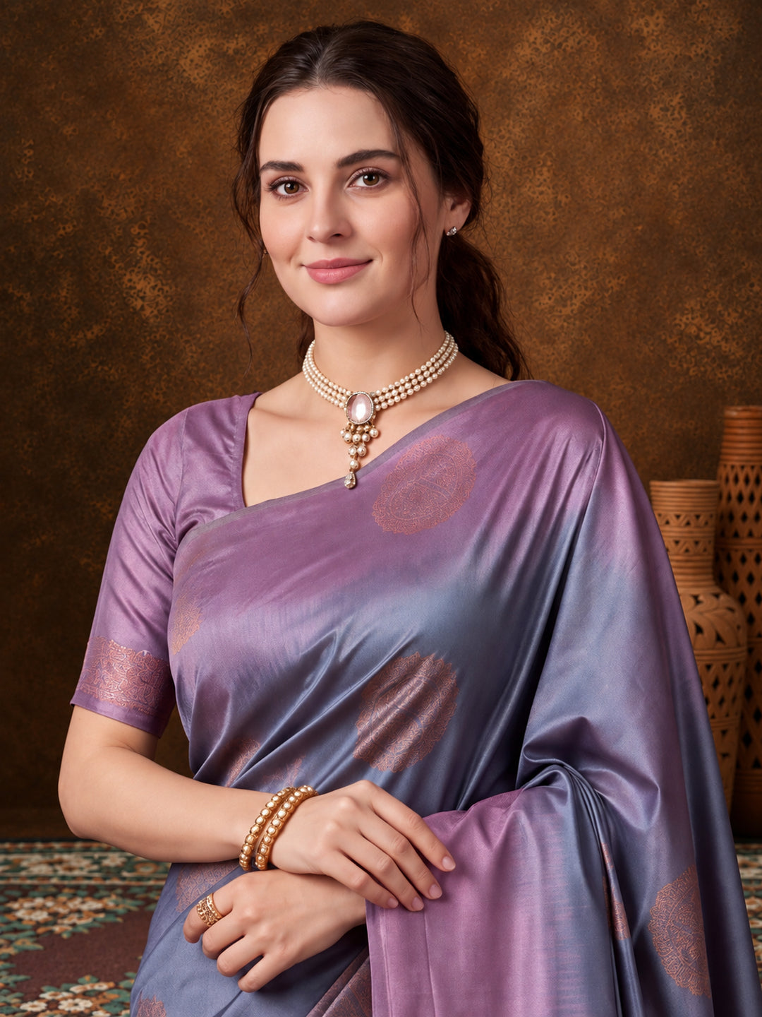 Women Grey Banarasi Jacquard Saree with Lavender Zari Woven Border and Tassel Pallu