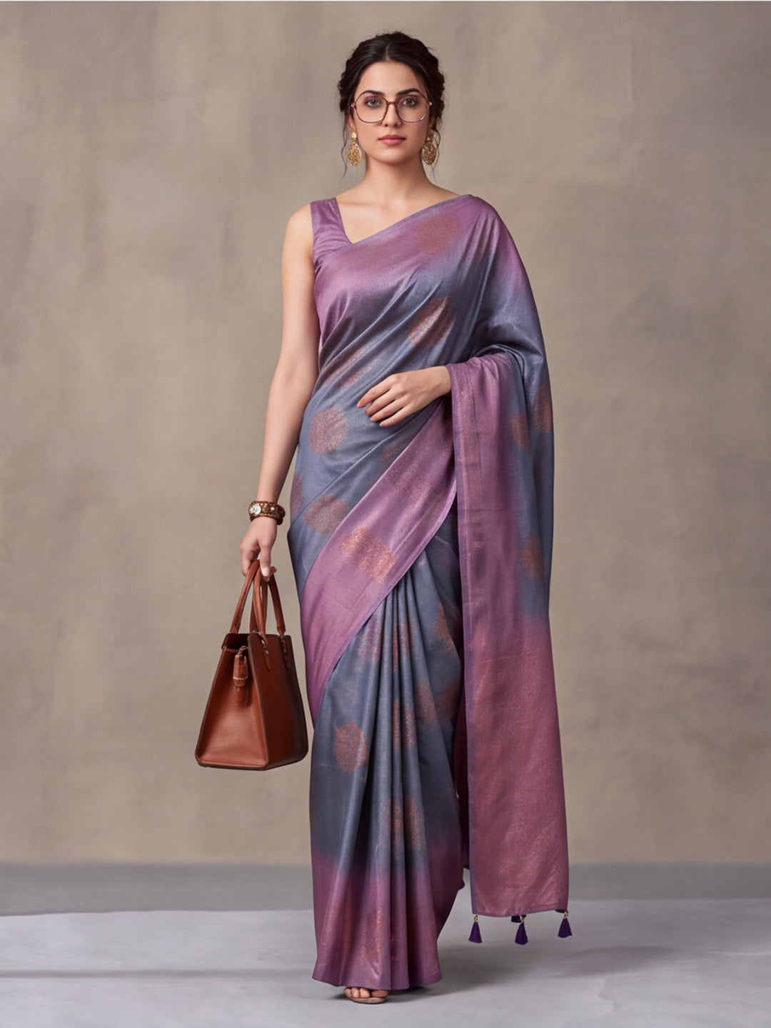 Women Grey Banarasi Jacquard Saree with Lavender Zari Woven Border and Tassel Pallu
