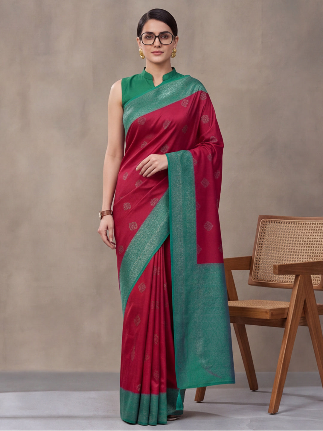 Women Magenta Banarasi Silk Blend Saree with Teal Green Zari Woven Border & Tassel Pallu