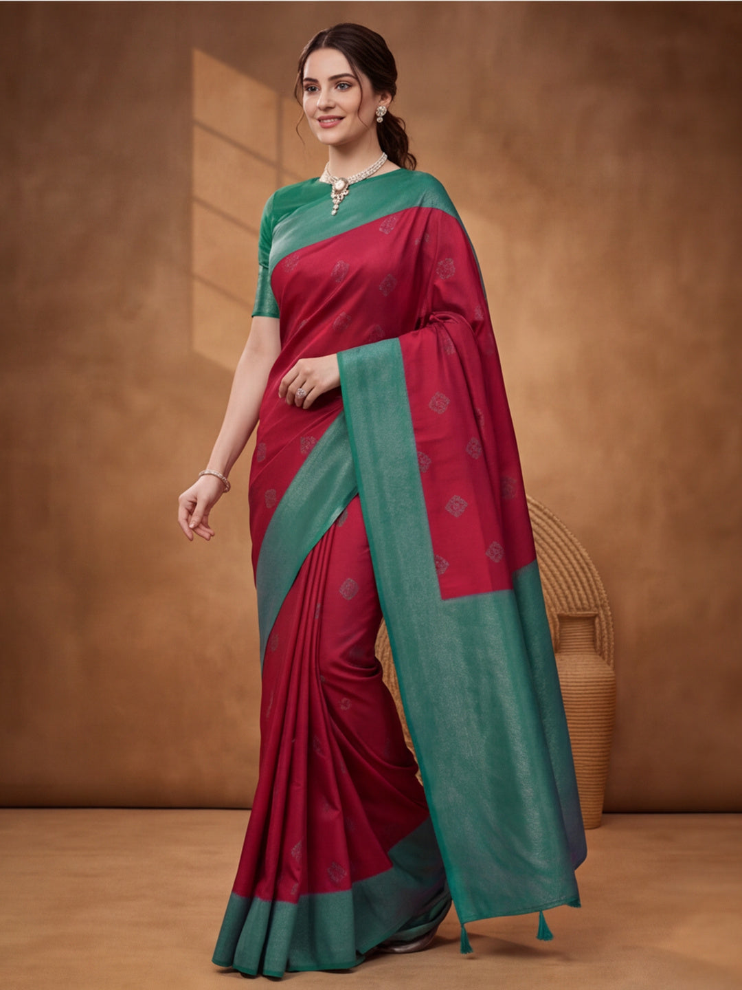 Women Magenta Banarasi Silk Blend Saree with Teal Green Zari Woven Border & Tassel Pallu