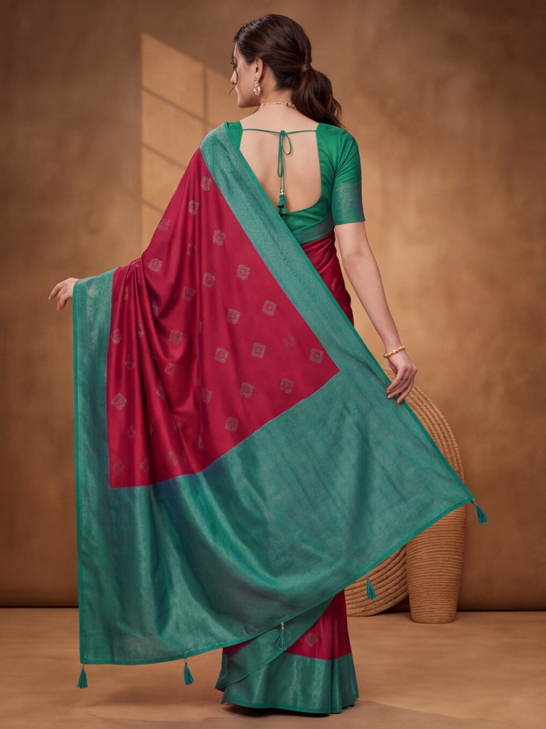 Women Magenta Banarasi Silk Blend Saree with Teal Green Zari Woven Border & Tassel Pallu