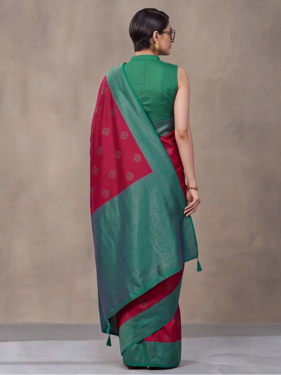Women Magenta Banarasi Silk Blend Saree with Teal Green Zari Woven Border & Tassel Pallu