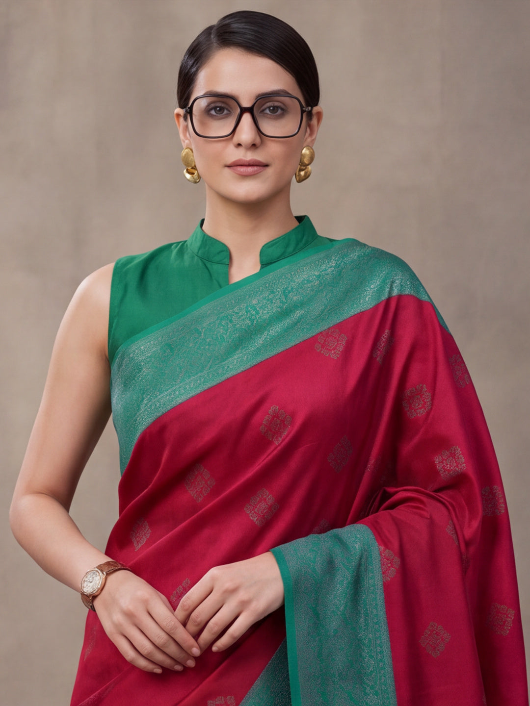 Women Magenta Banarasi Silk Blend Saree with Teal Green Zari Woven Border & Tassel Pallu