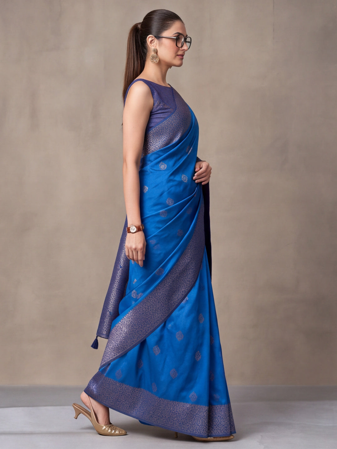 Women Blue Banarasi Silk Blend Saree with Zari Woven Border & Tassel Pallu