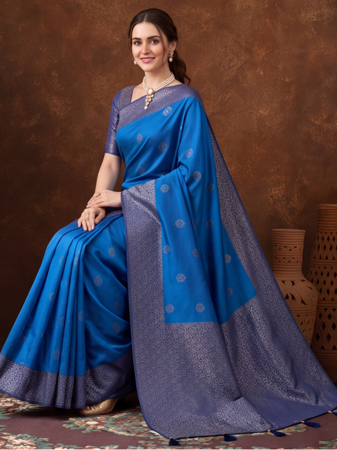 Women Blue Banarasi Silk Blend Saree with Zari Woven Border & Tassel Pallu