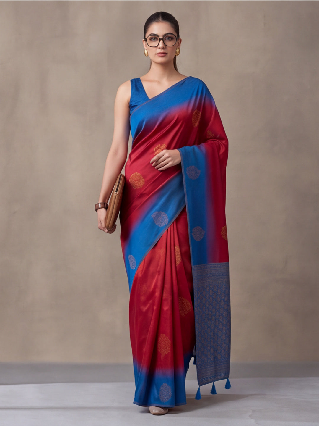 Women Pink & Royal Blue Banarasi Silk Blend Saree with Zari Butti Woven Pallu