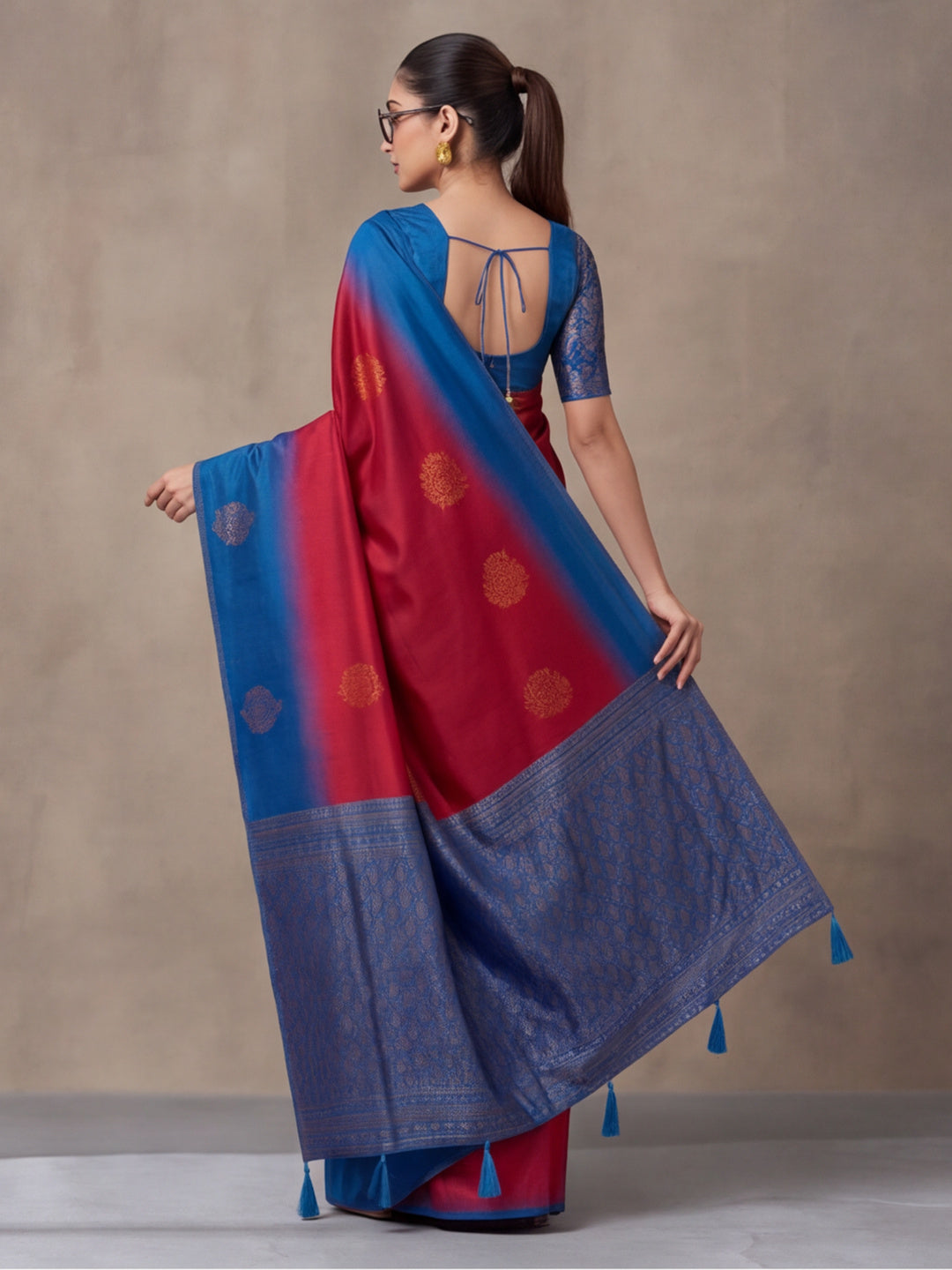 Women Pink & Royal Blue Banarasi Silk Blend Saree with Zari Butti Woven Pallu