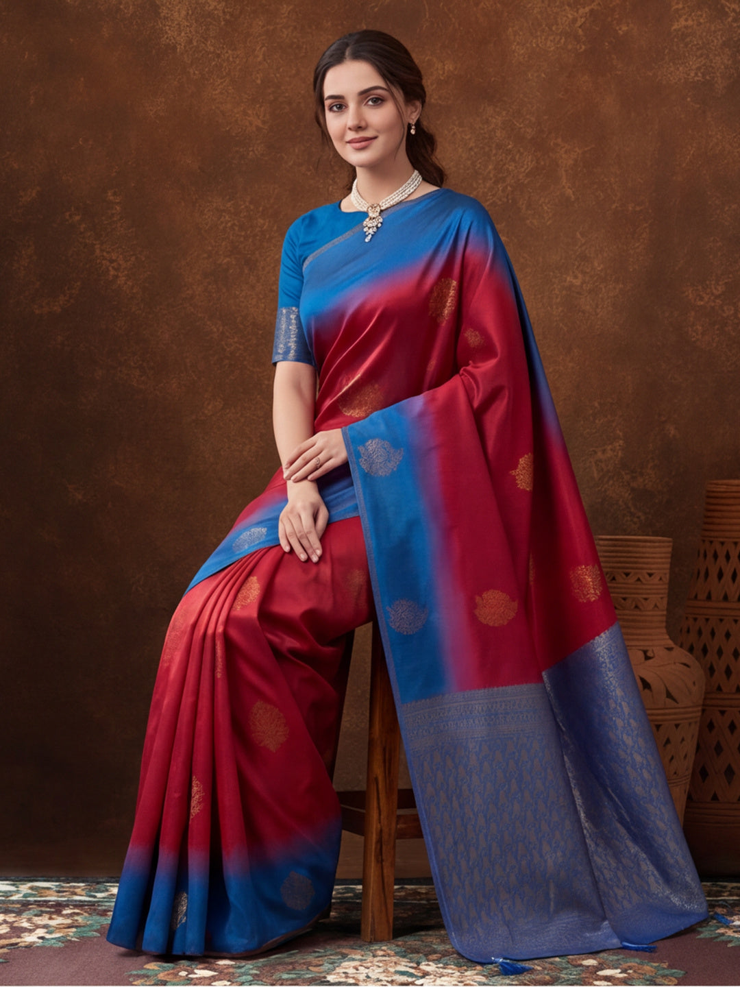 Women Pink & Royal Blue Banarasi Silk Blend Saree with Zari Butti Woven Pallu