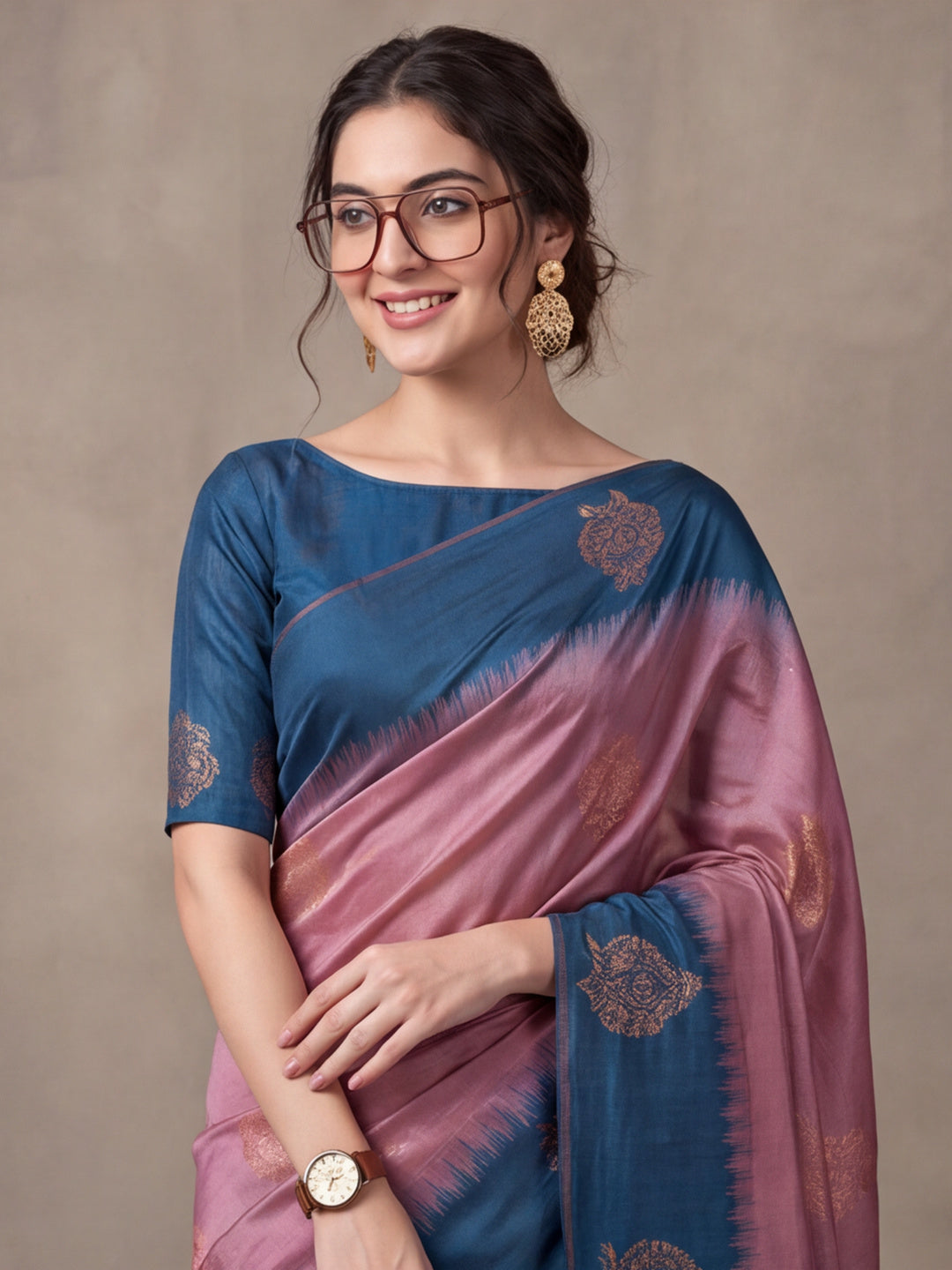 Women Purple & Teal Banarasi Silk Blend Saree with Zari Butti Woven Pallu