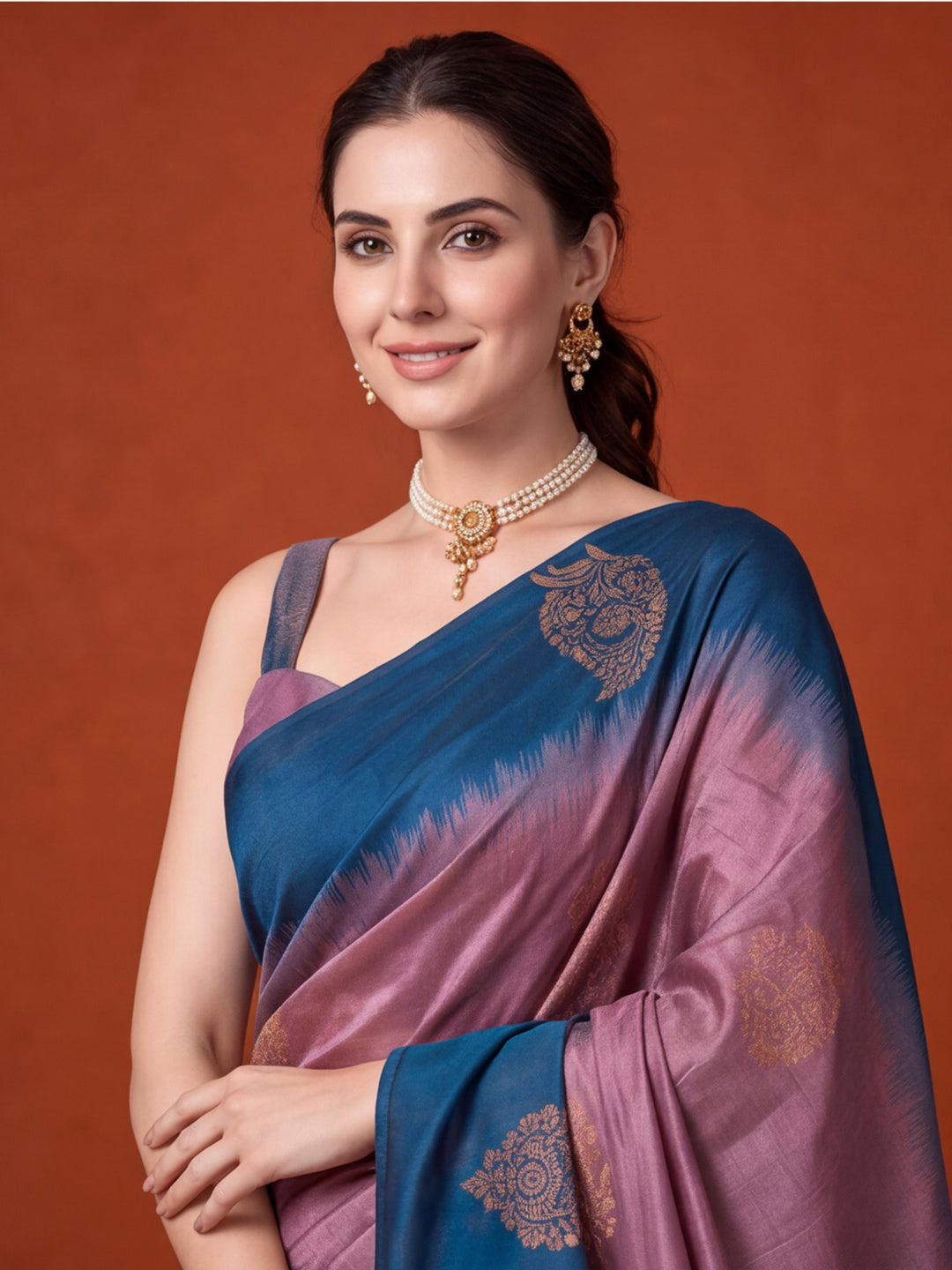 Women Purple & Teal Banarasi Silk Blend Saree with Zari Butti Woven Pallu