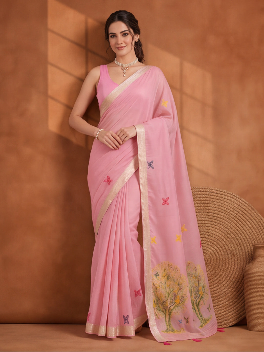 Women Pink Designer Weaving Work Saree with Tree Motif Pallu and Tassel Detail