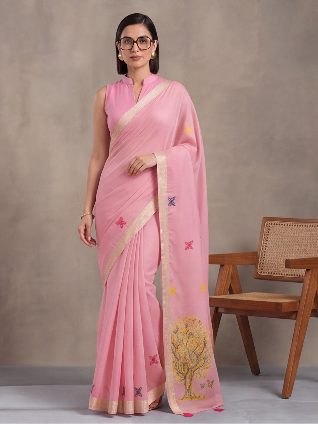 Women Pink Designer Weaving Work Saree with Tree Motif Pallu and Tassel Detail