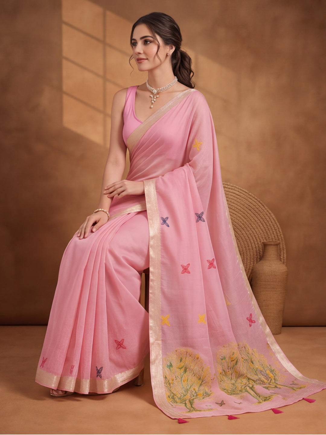 Women Pink Designer Weaving Work Saree with Tree Motif Pallu and Tassel Detail