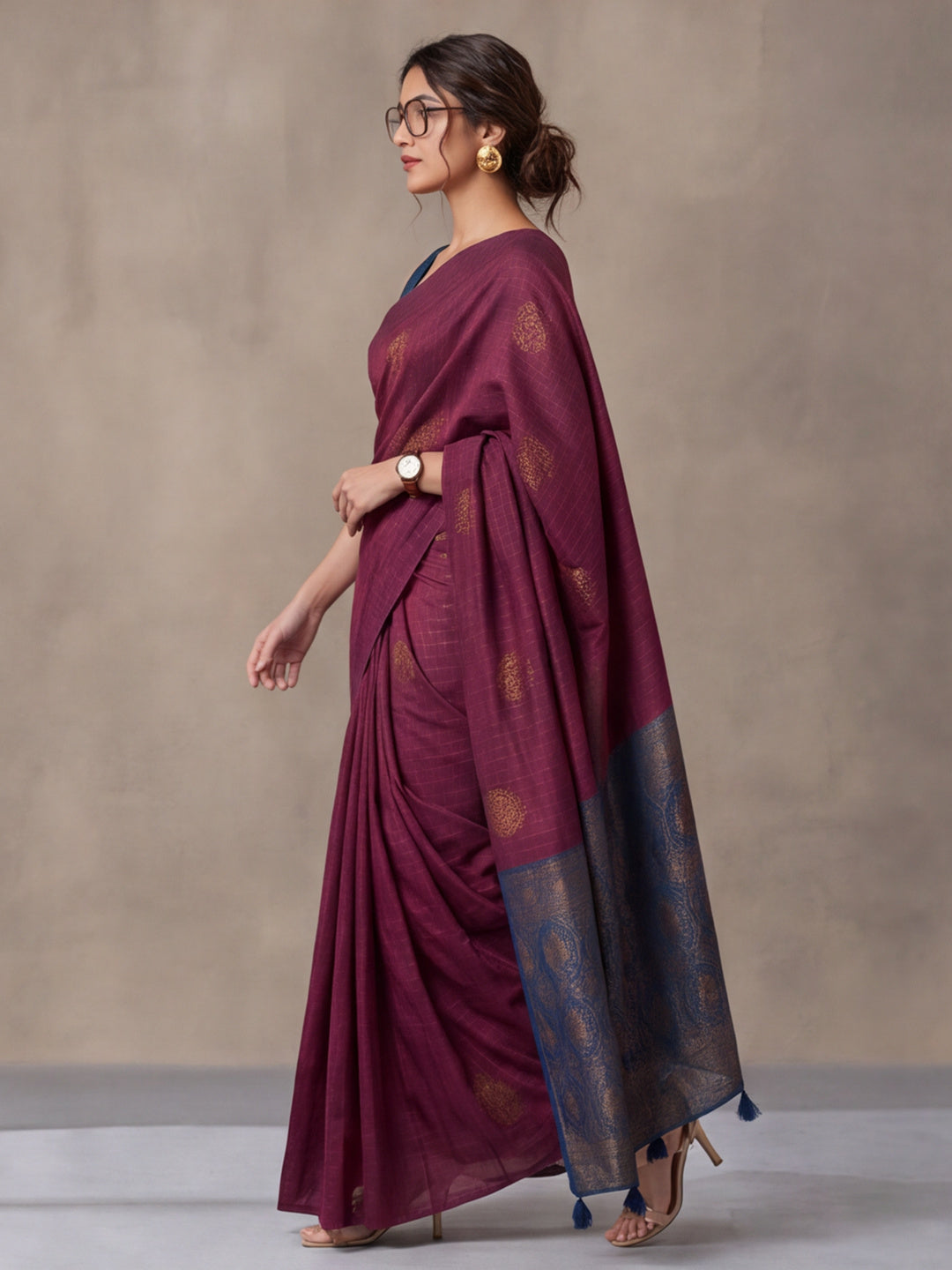 Women Wine Banarasi Silk Blend Saree with Zari Butti Woven Pallu and Tassels