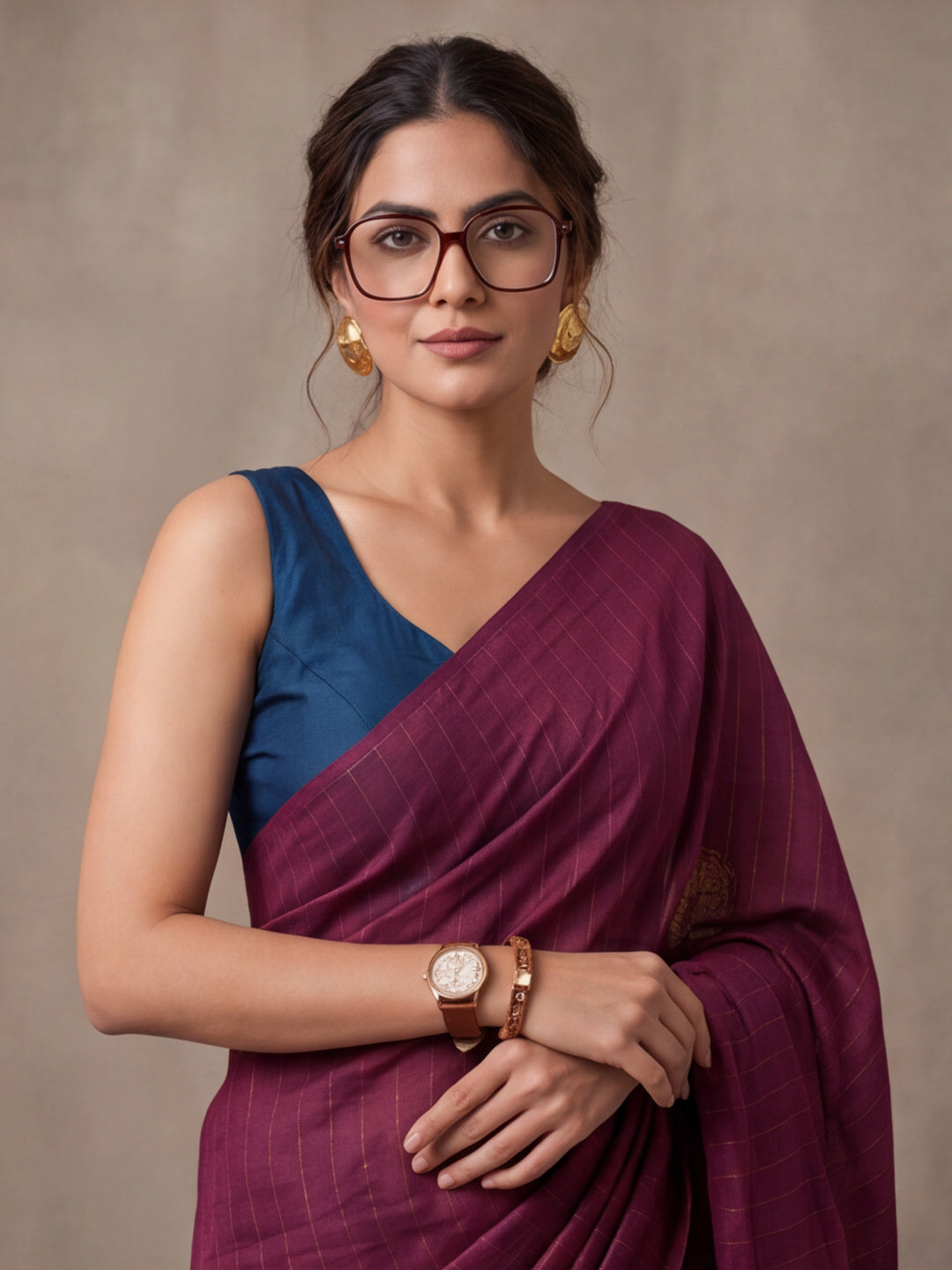 Women Wine Banarasi Silk Blend Saree with Zari Butti Woven Pallu and Tassels